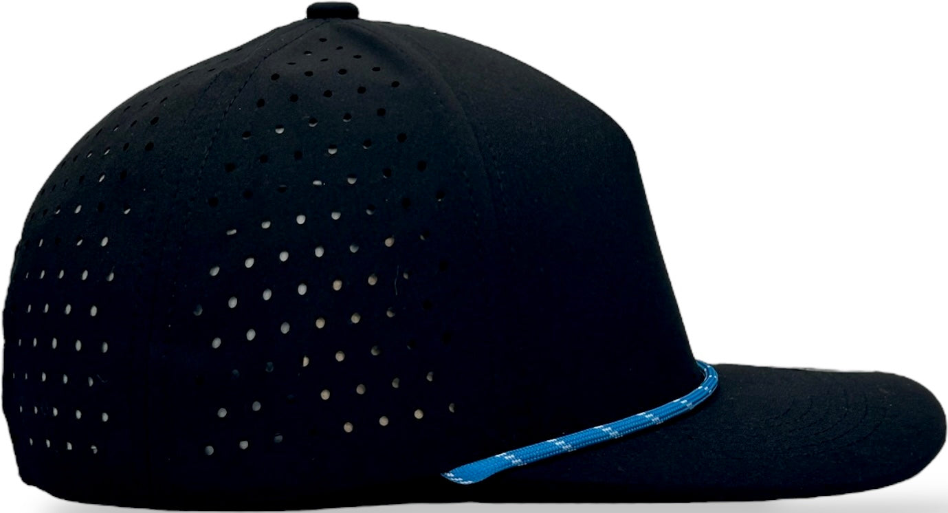 5 Panel Black Rope Hat with Sapphire Blue/White Rope Snapback