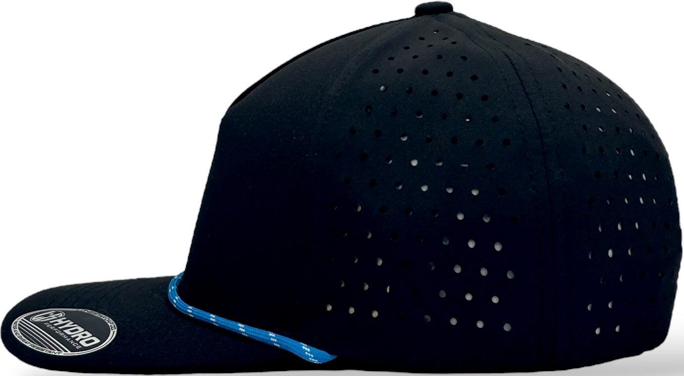 5 Panel Black Rope Hat with Sapphire Blue/White Rope Snapback