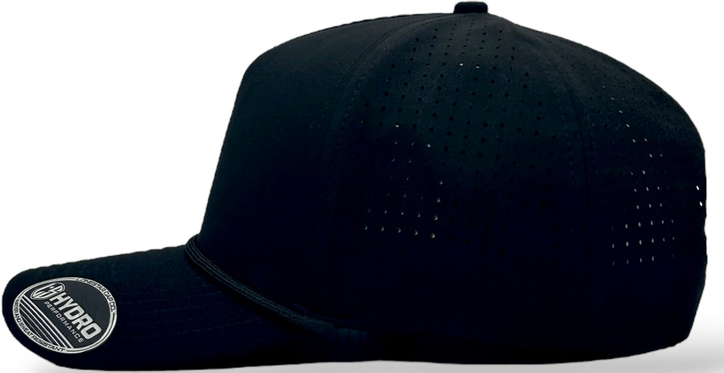 5 panel Hydro Cap: Black - Black/Black rope Snapback