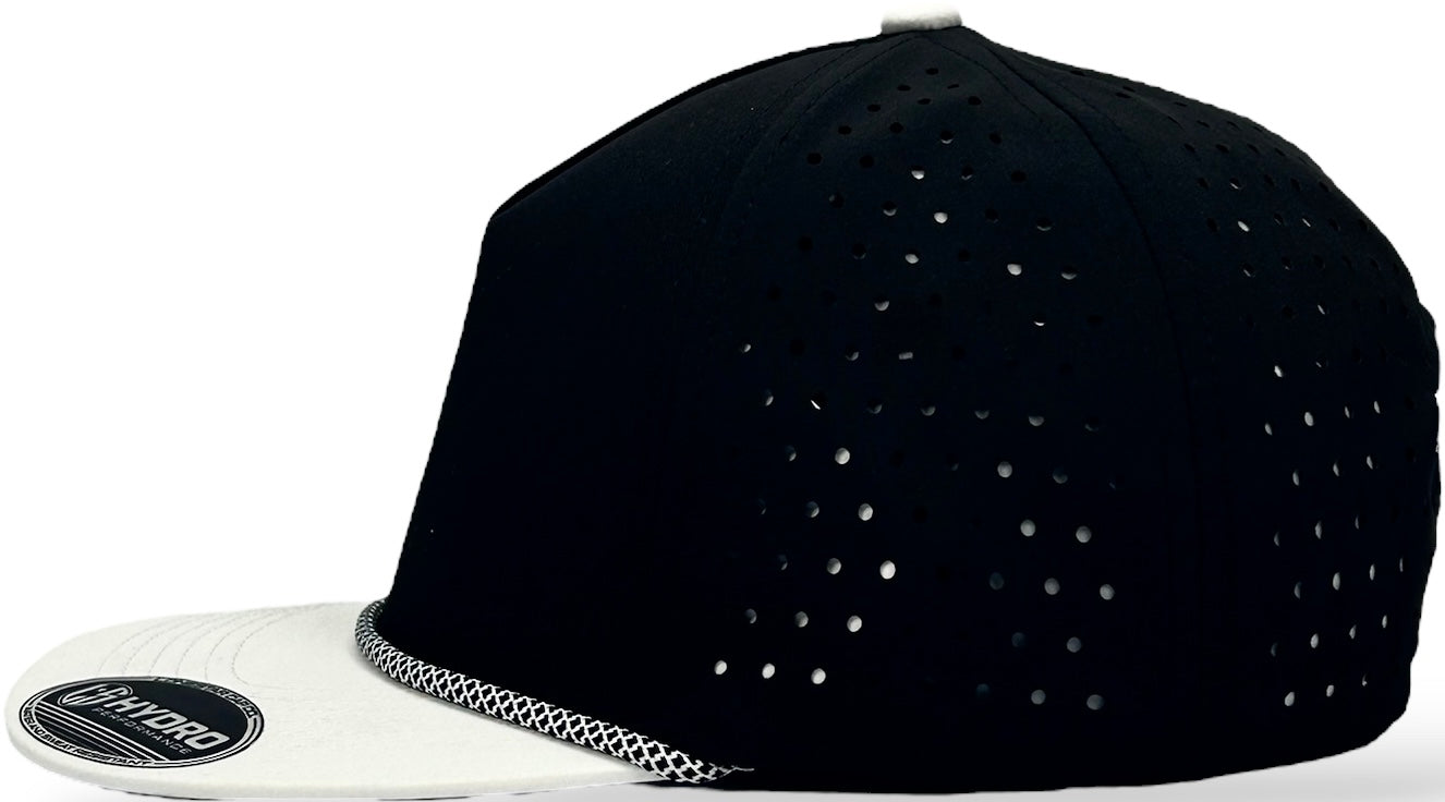 5 Panel Hydro Cap: Black/White Bill with Black/White Rope Snapback