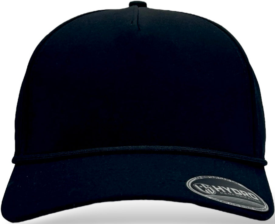 5 panel Hydro Cap: Black - Black/Black rope Snapback