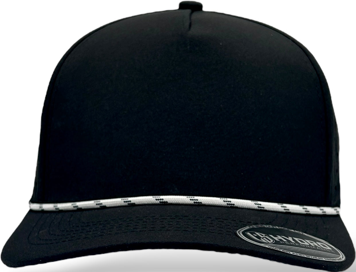 5 panel Hydro Cap: Black - White/Black rope Snapback