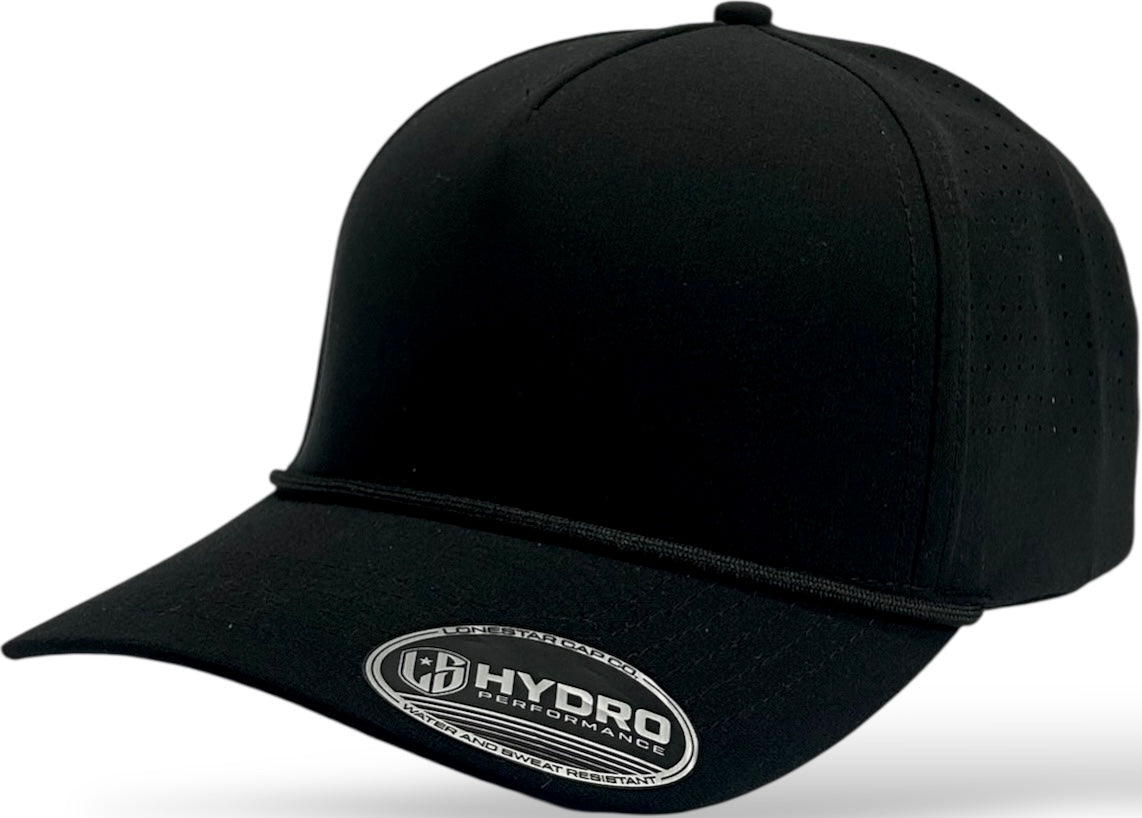 5 panel Hydro Cap: Black - Black/Black rope Snapback