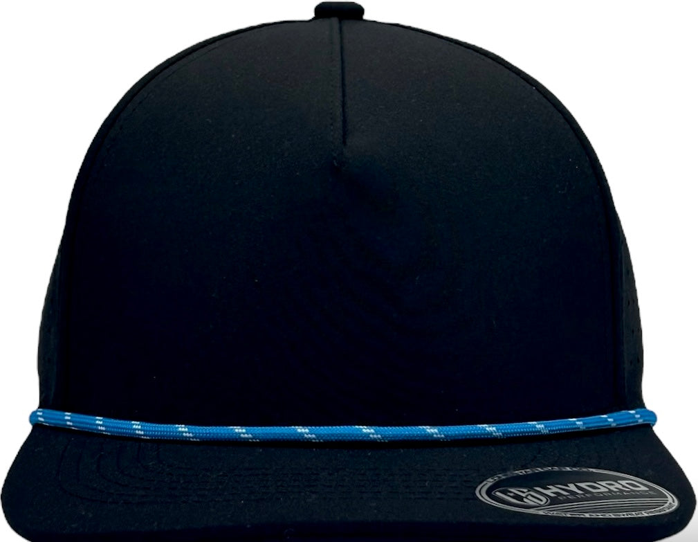 5 Panel Black Rope Hat with Sapphire Blue/White Rope Snapback