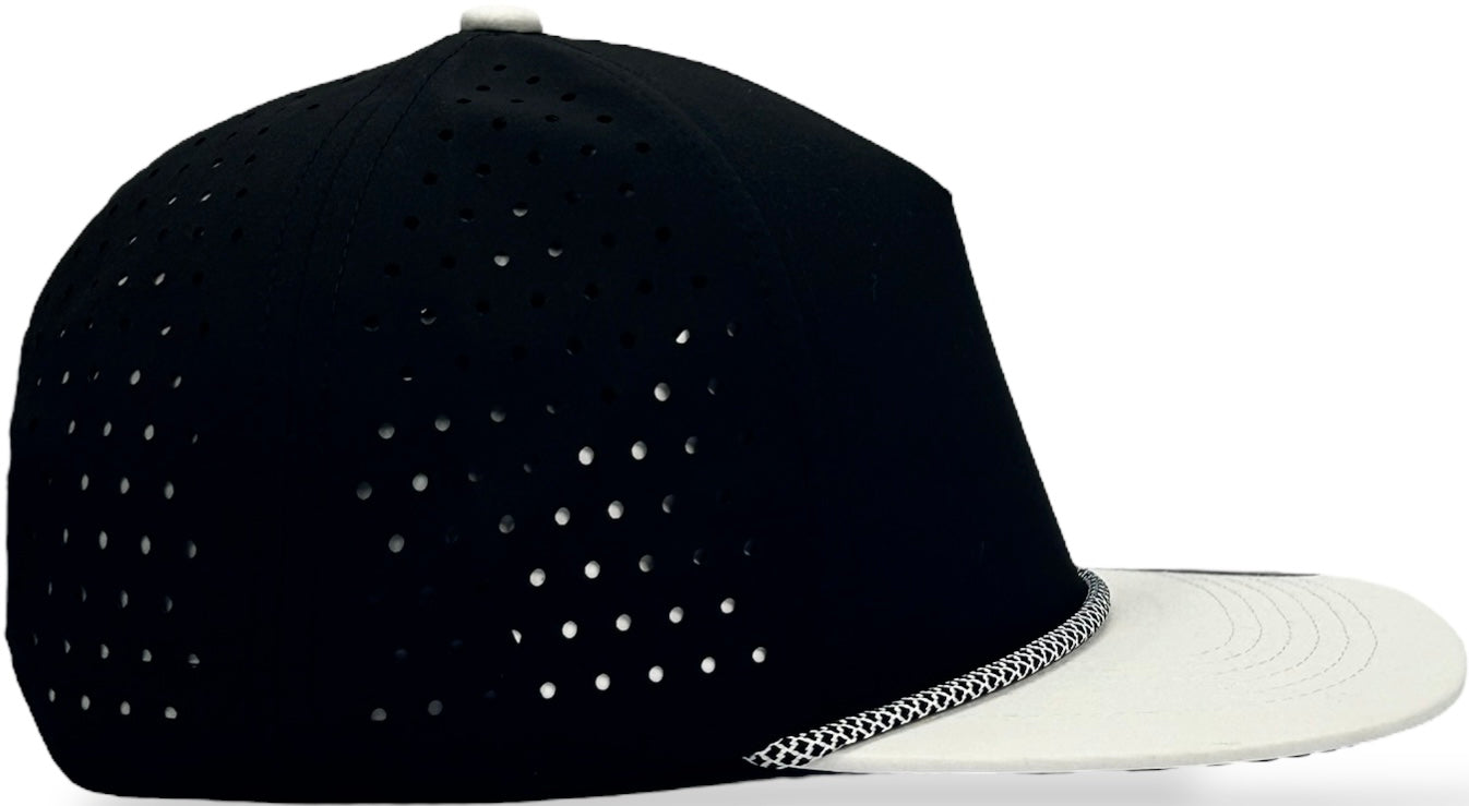 5 Panel Hydro Cap: Black/White Bill with Black/White Rope Snapback