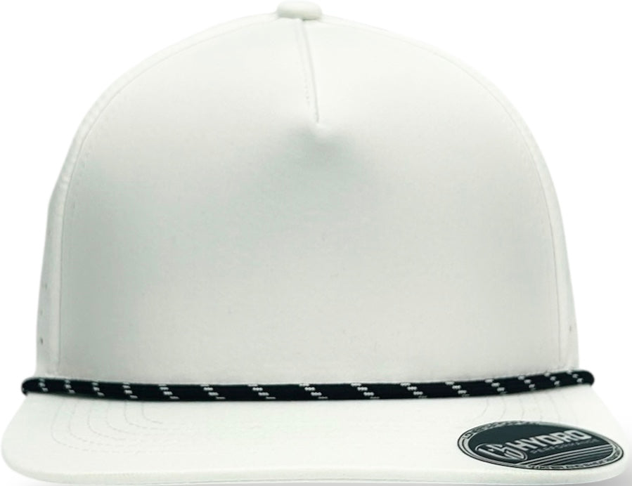 5 Panel Hydro Cap: White - Black/White Rope Snapback