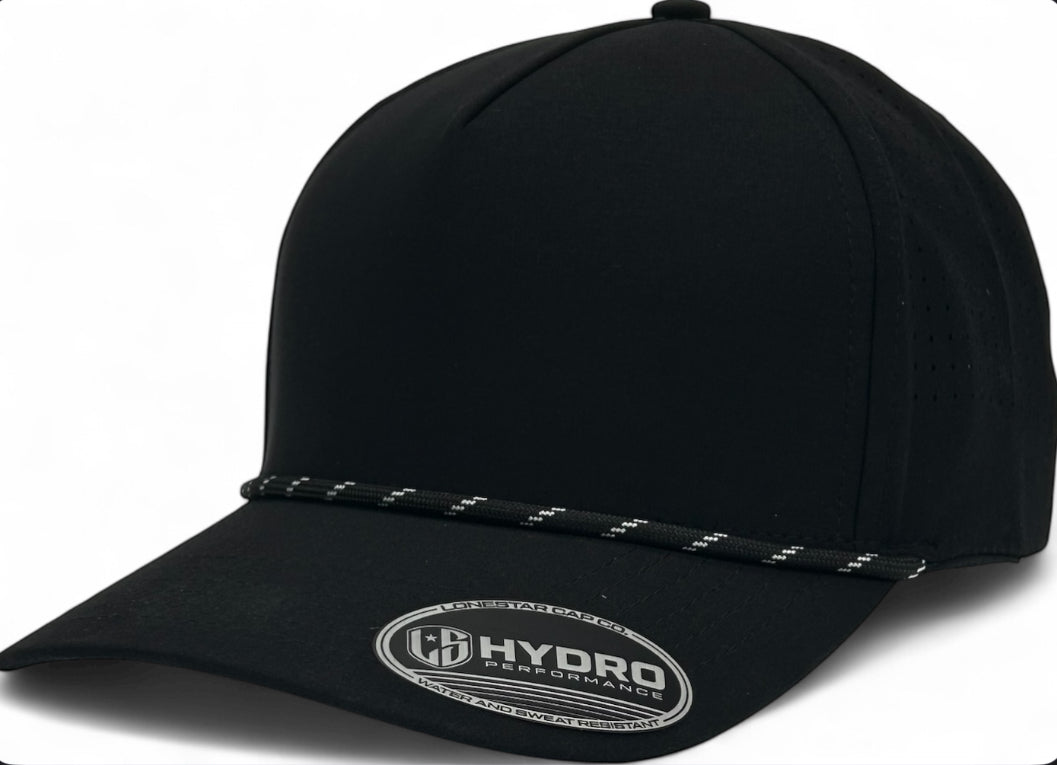 5 panel Hydro Cap: Black - Black/white rope Snapback