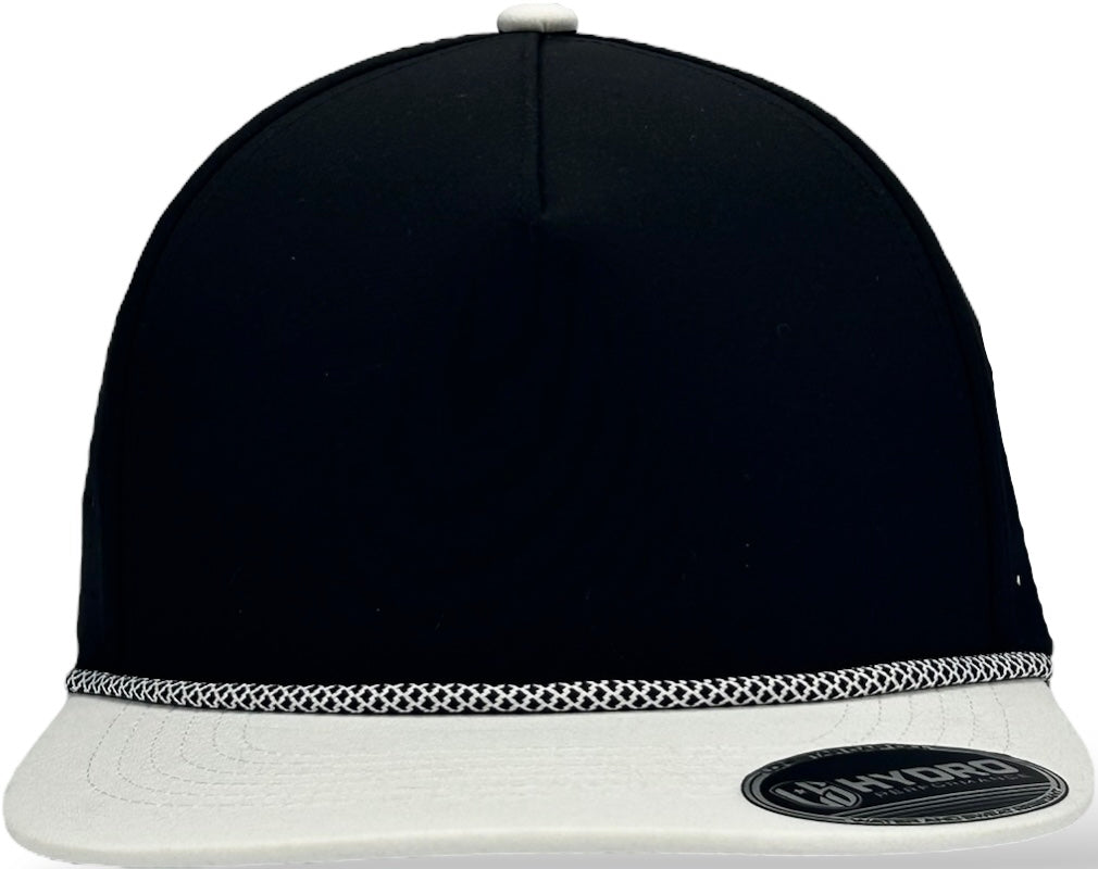 5 Panel Hydro Cap: Black/White Bill with Black/White Rope Snapback