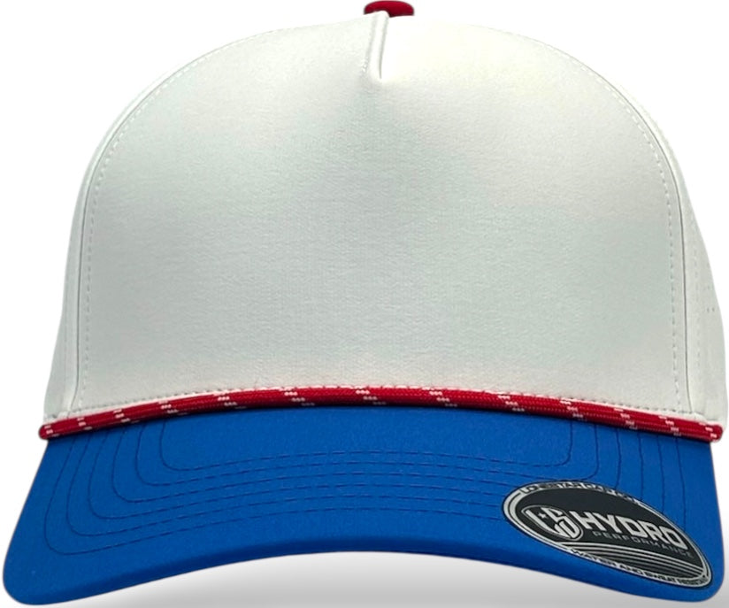 5 Panel Hydro Cap: RED/WHITE/BLUE with Rope Snapback