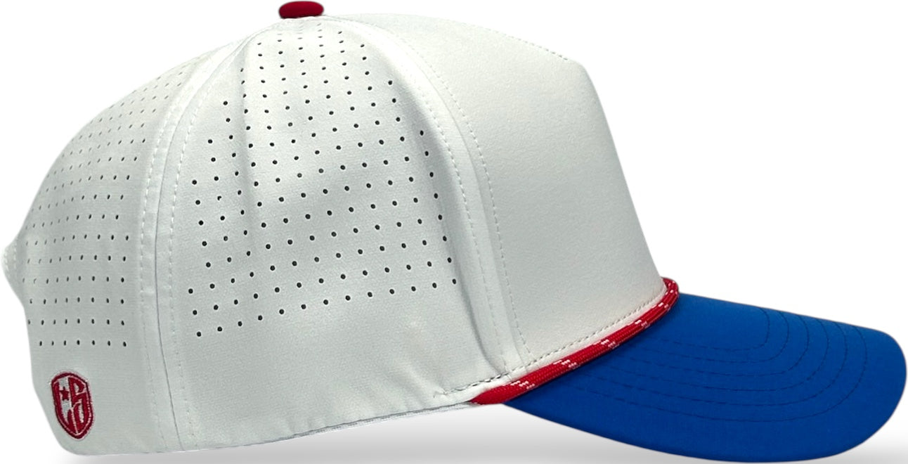 5 Panel Hydro Cap: RED/WHITE/BLUE with Rope Snapback