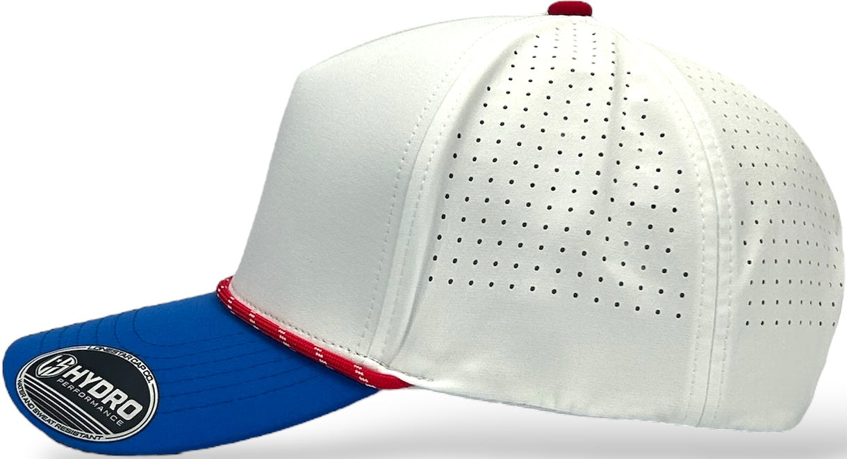 5 Panel Hydro Cap: RED/WHITE/BLUE with Rope Snapback