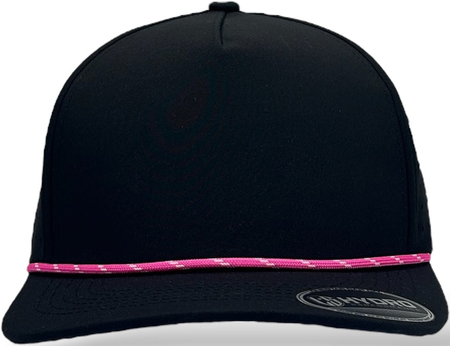 5 Panel Black Rope Hat with Neon Pink/White Rope Snapback