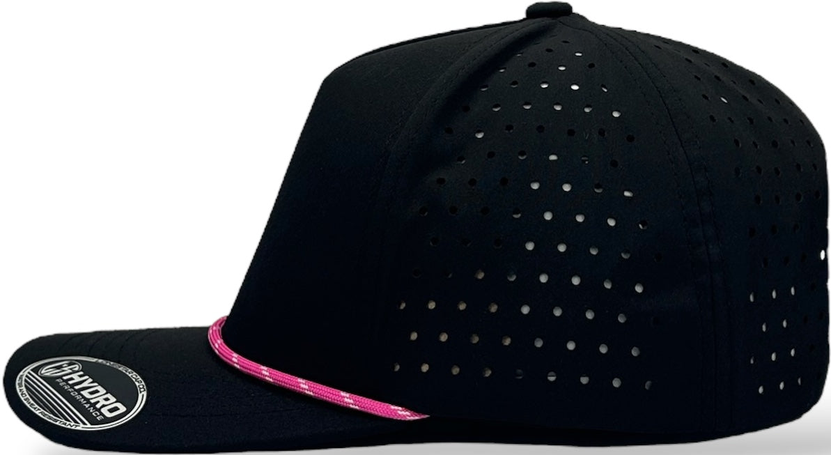 5 Panel Black Rope Hat with Neon Pink/White Rope Snapback