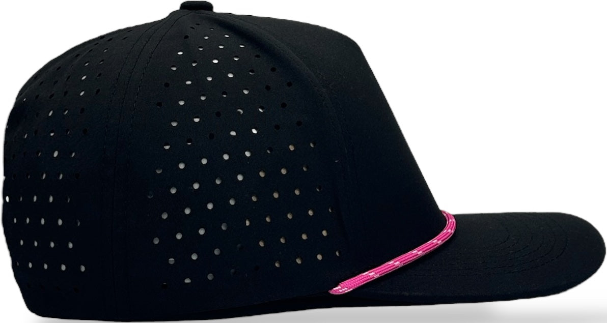5 Panel Black Rope Hat with Neon Pink/White Rope Snapback