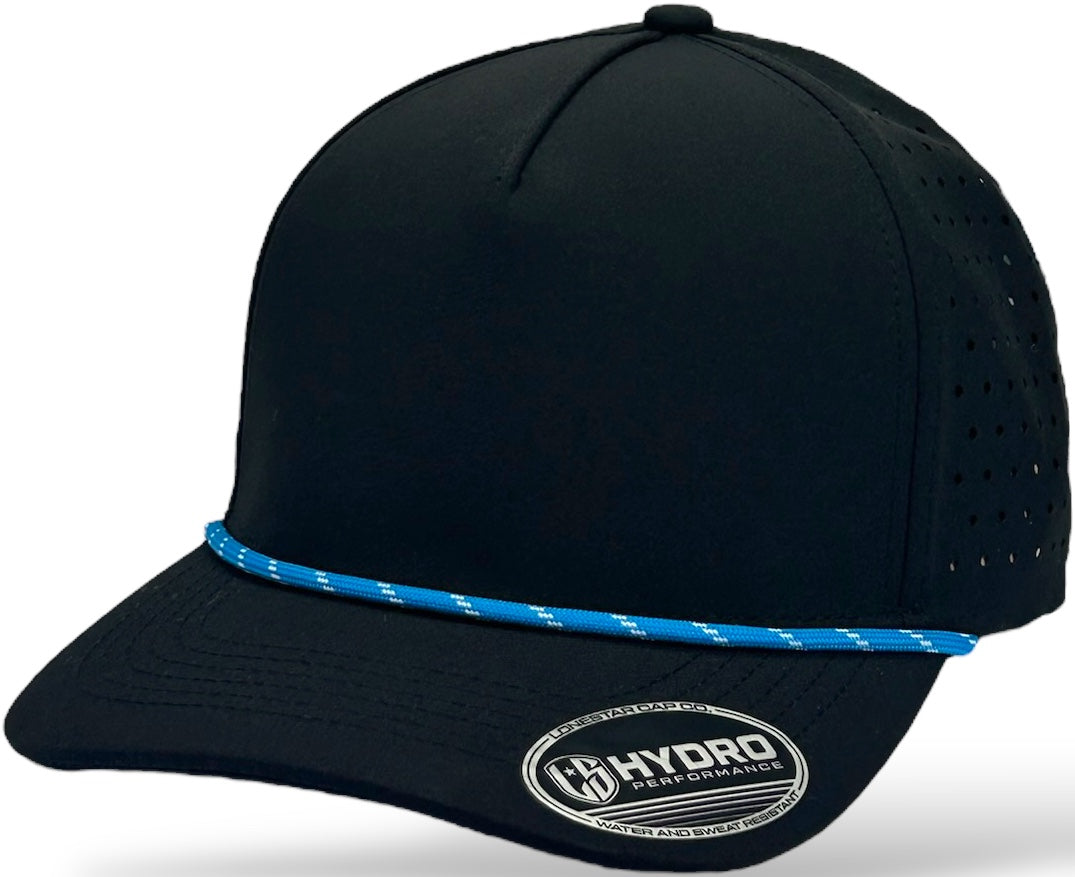 5 Panel Black Rope Hat with Sapphire Blue/White Rope Snapback