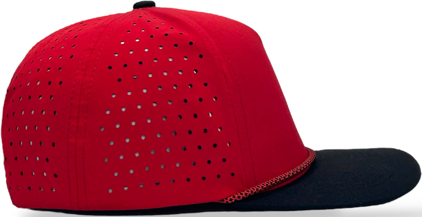 5 Panel Hydro Cap: Red/Black Bill with Red/white Rope Snapback