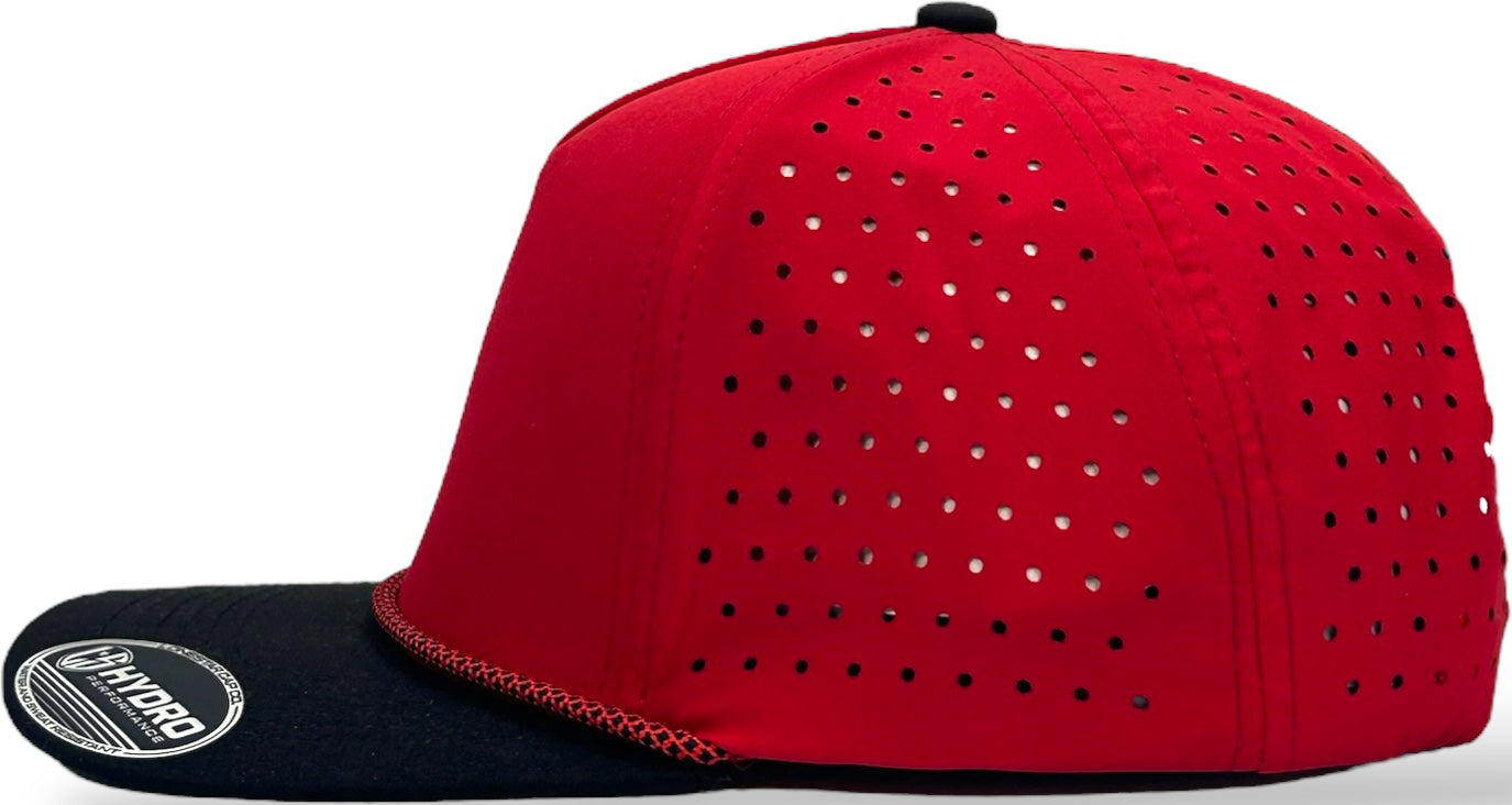 5 Panel Hydro Cap: Red/Black Bill with Red/white Rope Snapback
