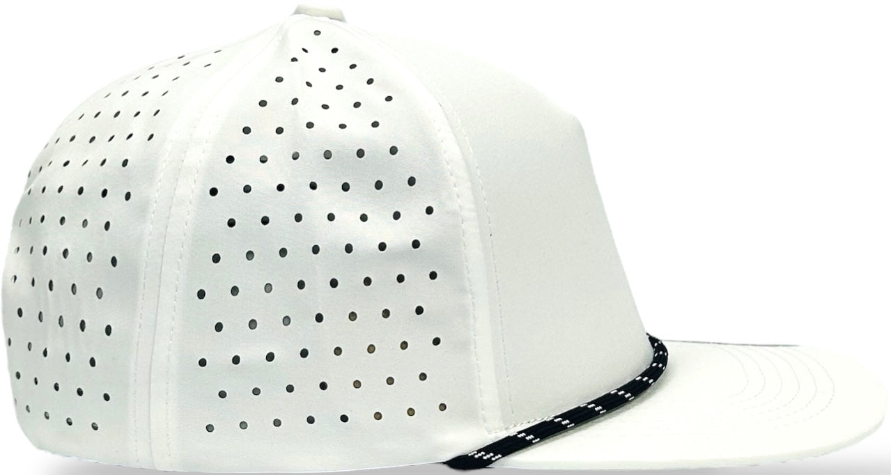 5 Panel Hydro Cap: White - Black/White Rope Snapback