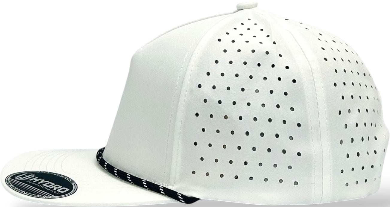 5 Panel Hydro Cap: White - Black/White Rope Snapback