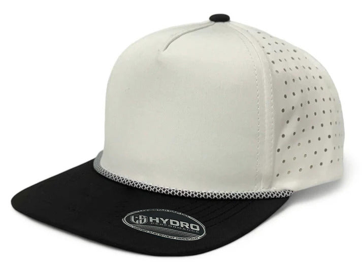 5 Panel Hydro Cap: White/Black Bill with Black/white Rope Snapback