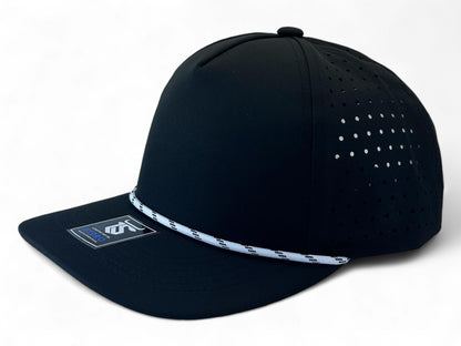 5 panel Hydro Cap: Black - White/Black rope Snapback