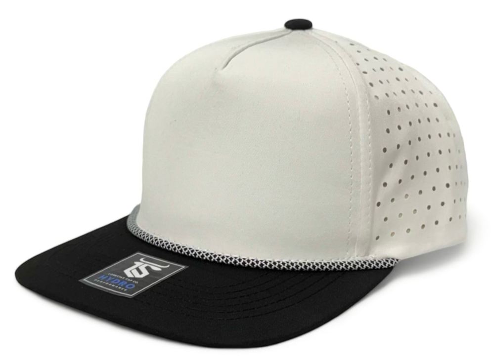 5 Panel Hydro Cap: White/Black Bill with Black/white Rope Snapback