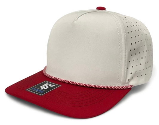 5 Panel Hydro Cap: White/Red Bill with Red/white Rope Snapback