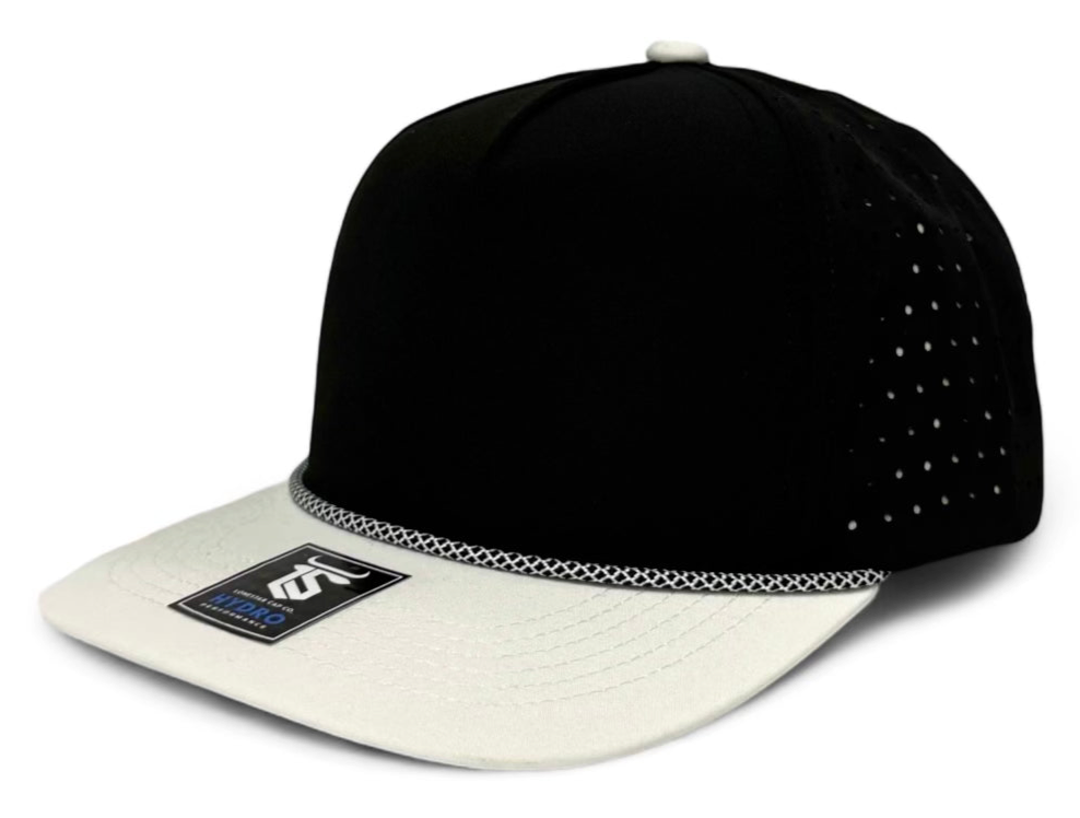 5 Panel Hydro Cap: Black/White Bill with Black/White Rope Snapback