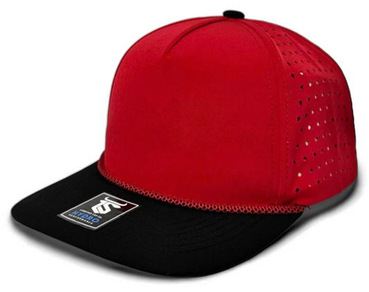 5 Panel Hydro Cap: Red/Black Bill with Red/white Rope Snapback