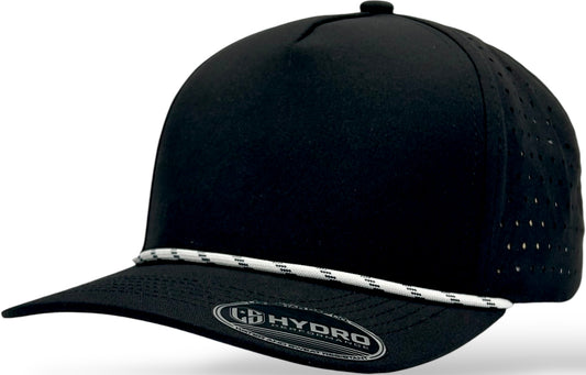 5 panel Hydro Cap: Black - White/Black rope Snapback