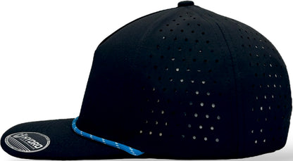 5 Panel Black Rope Hat with Sapphire Blue/White Rope Snapback