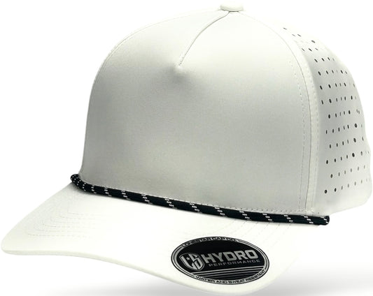5 Panel Hydro Cap: White - Black/White Rope Snapback