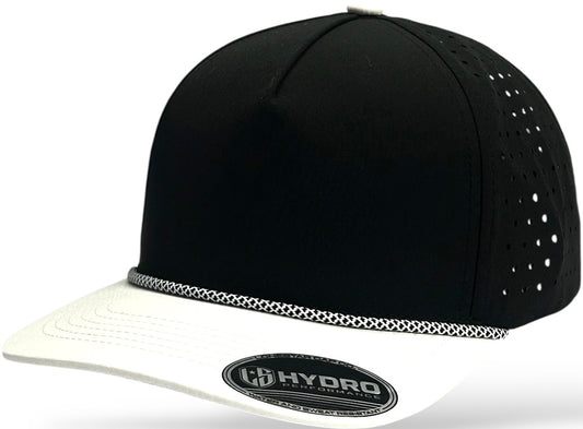 5 Panel Hydro Cap: Black/White Bill with Black/White Rope Snapback