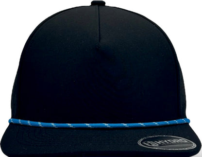5 Panel Black Rope Hat with Sapphire Blue/White Rope Snapback
