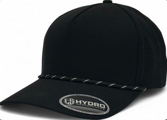 5 panel Hydro Cap: Black - Black/white rope Snapback