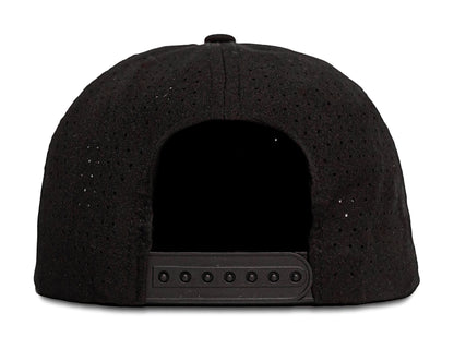 Back view of a black snapback hat with ventilation holes, ideal for customizable embroidery.