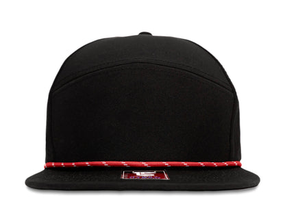 Custom black snapback hat with red detailing, perfect for personalization and style in Texas.