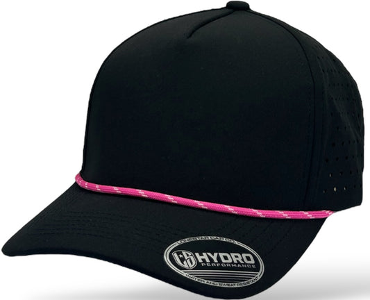 5 Panel Black Rope Hat with Neon Pink/White Rope Snapback