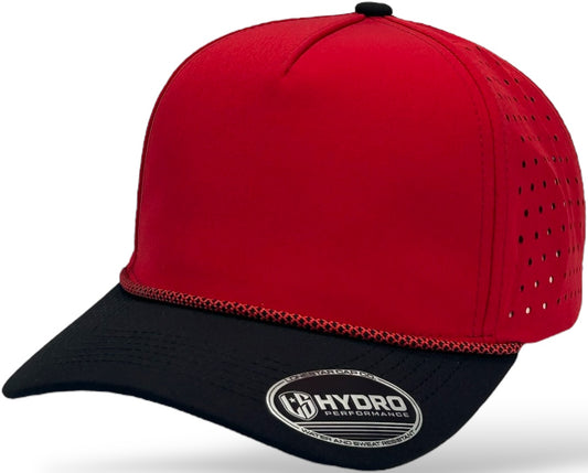 5 Panel Hydro Cap: Red/Black Bill with Red/white Rope Snapback