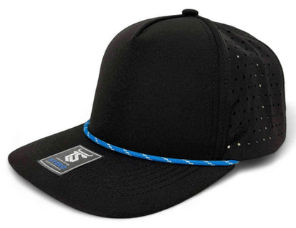 5 Panel Black Rope Hat with Sapphire Blue/White Rope Snapback