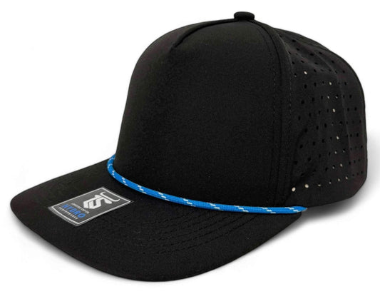 5 Panel Black Rope Hat with Sapphire Blue/White Rope Snapback