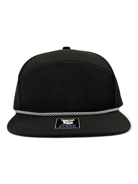 6 Panel Hydro Cap Flat Bill: Black with White/Black DIamond Rope