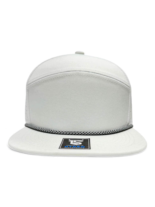 6 Panel Hydro Cap Flat Bill: White with Black/White DIamond Rope