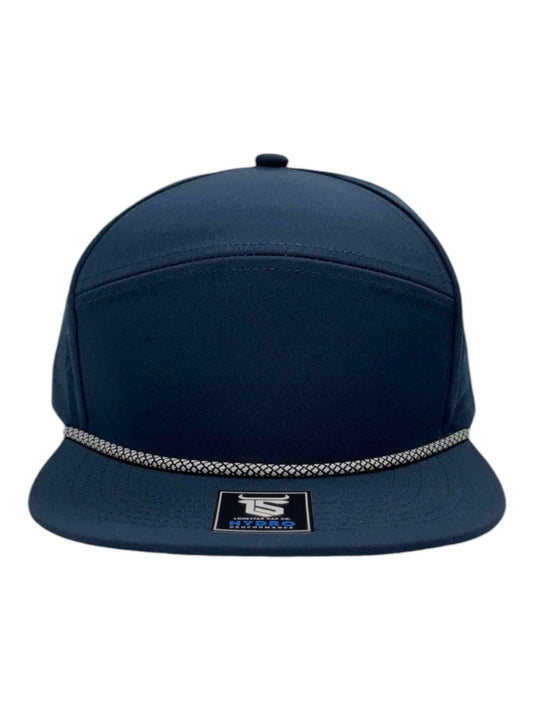 6 Panel Hydro Cap Flat Bill: Navy with Black/White Diamond Rope