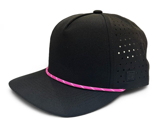 5 Panel Black Rope Hat with Neon Pink/White Rope Snapback