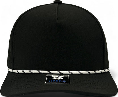 5 panel Hydro Cap: Black - White/Black rope Snapback