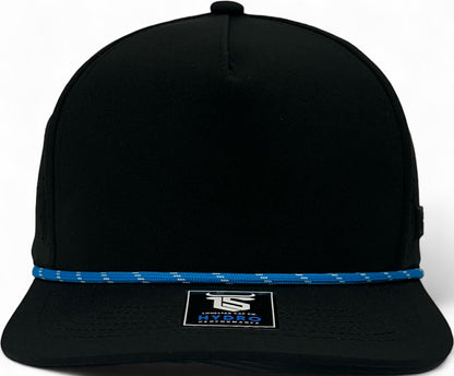 5 Panel Black Rope Hat with Sapphire Blue/White Rope Snapback